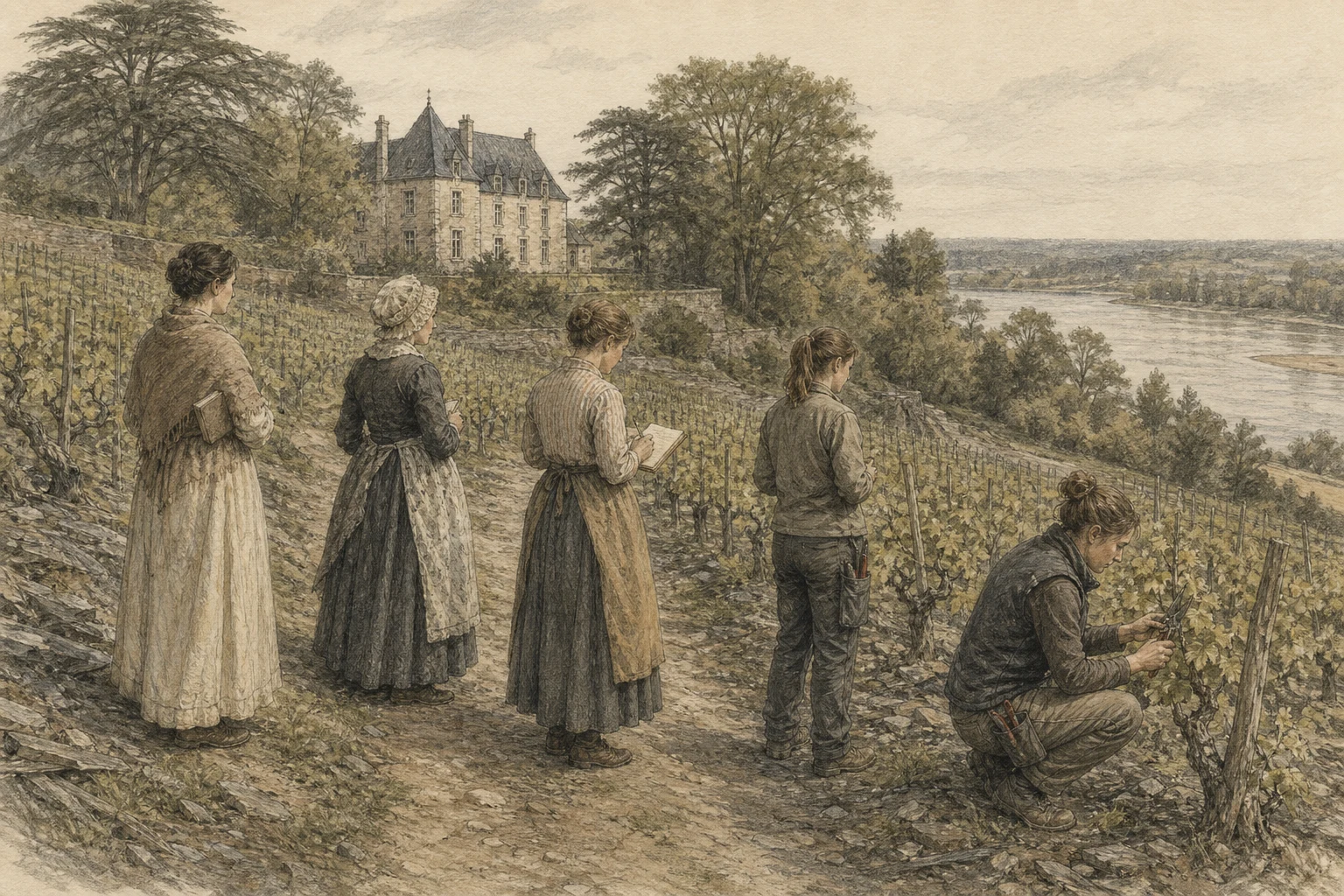 Editorial sketch of five generations of women working along the same Savennières vineyard path