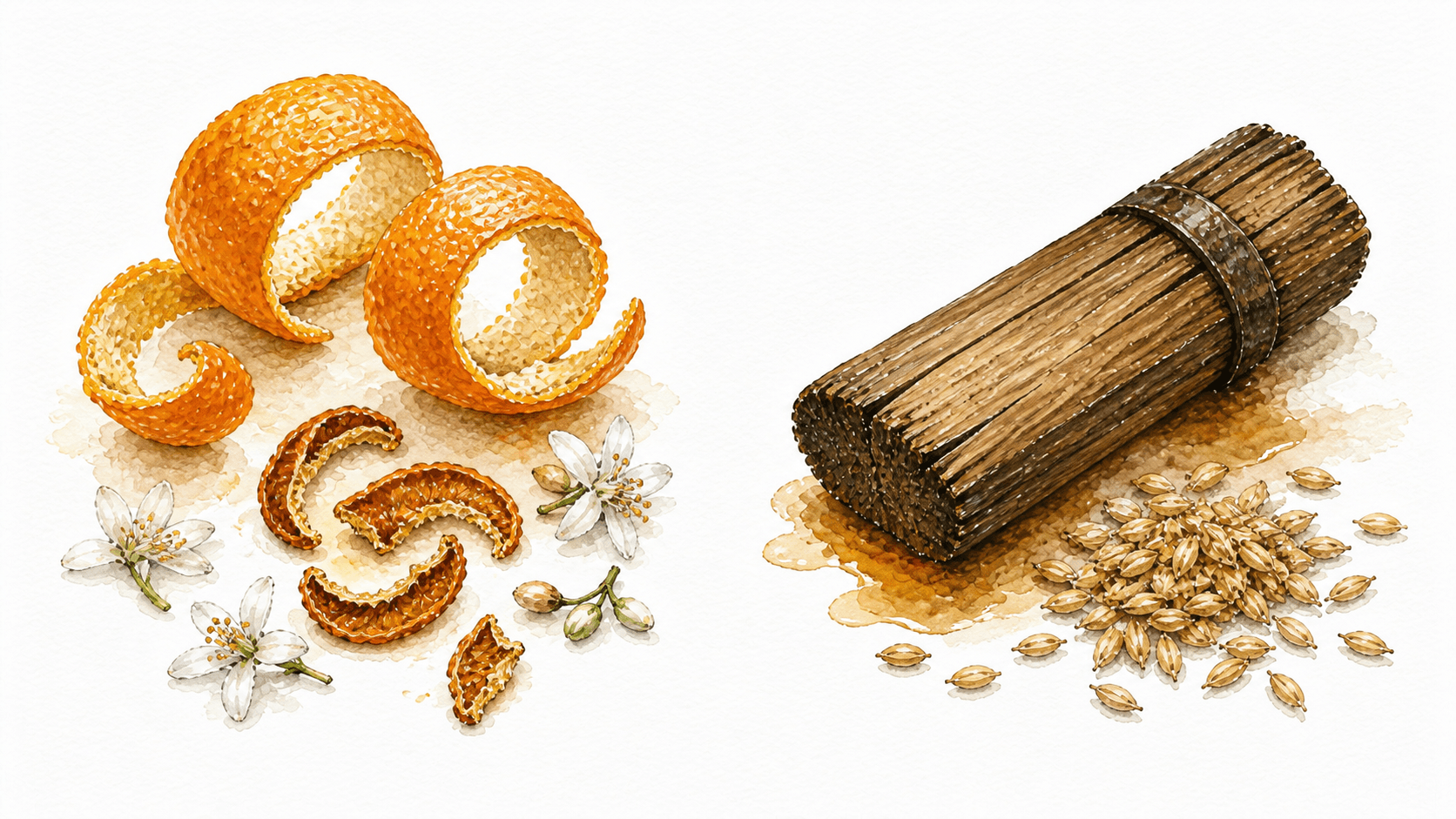 Watercolor reference showing orange peel, dried orange peel and orange blossom beside oak barrel wood, barley and an amber pool