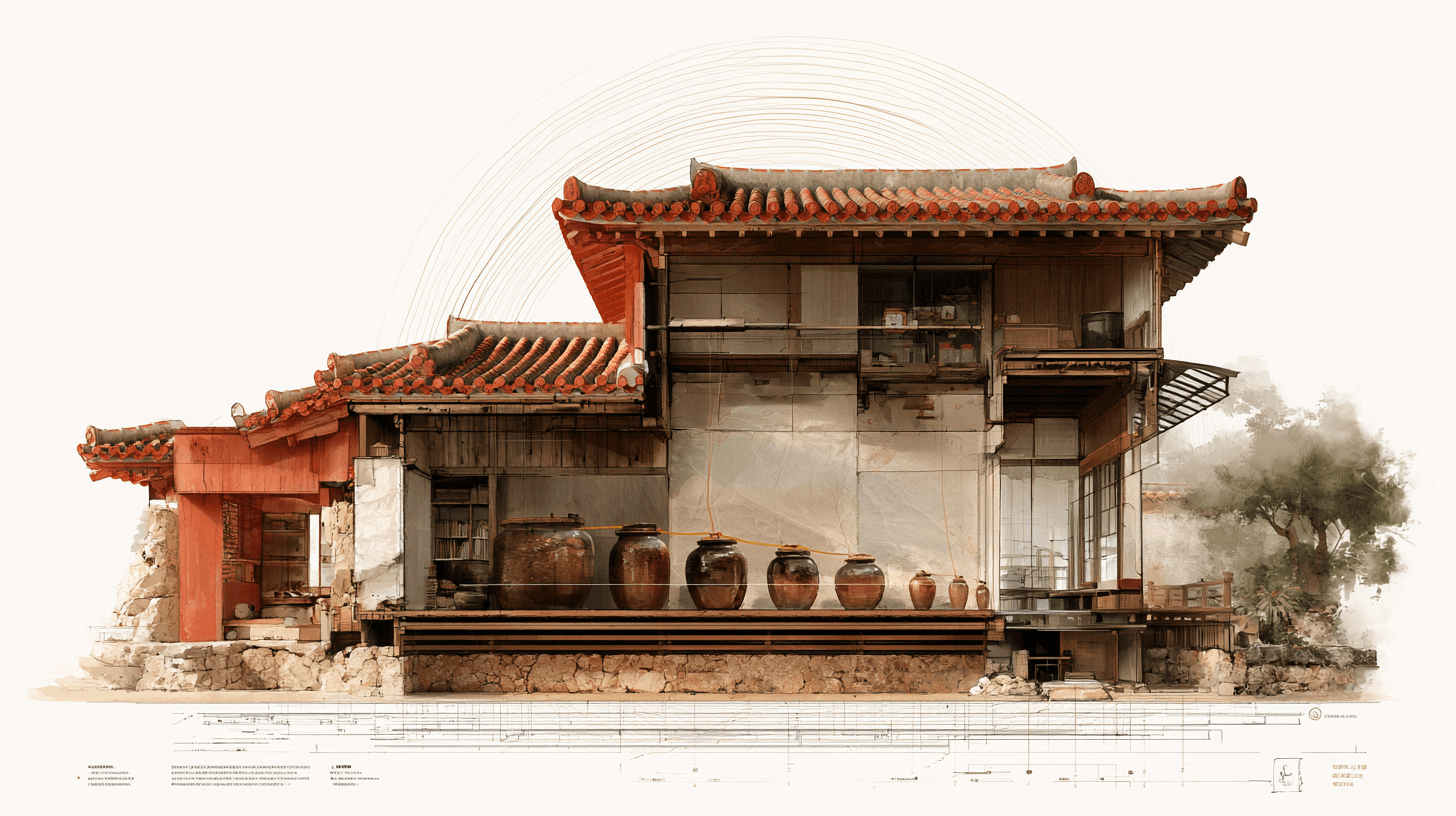 Architectural cutaway illustration of a traditional Okinawan house with aging jars arranged by age