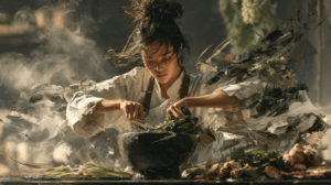 A painterly portrait of a Thai chef preparing aromatic herbs beside abstract Marlborough vineyard imagery