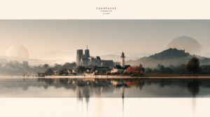 Editorial landscape of Champagne with Reims Cathedral, vineyards and reflections symbolizing time