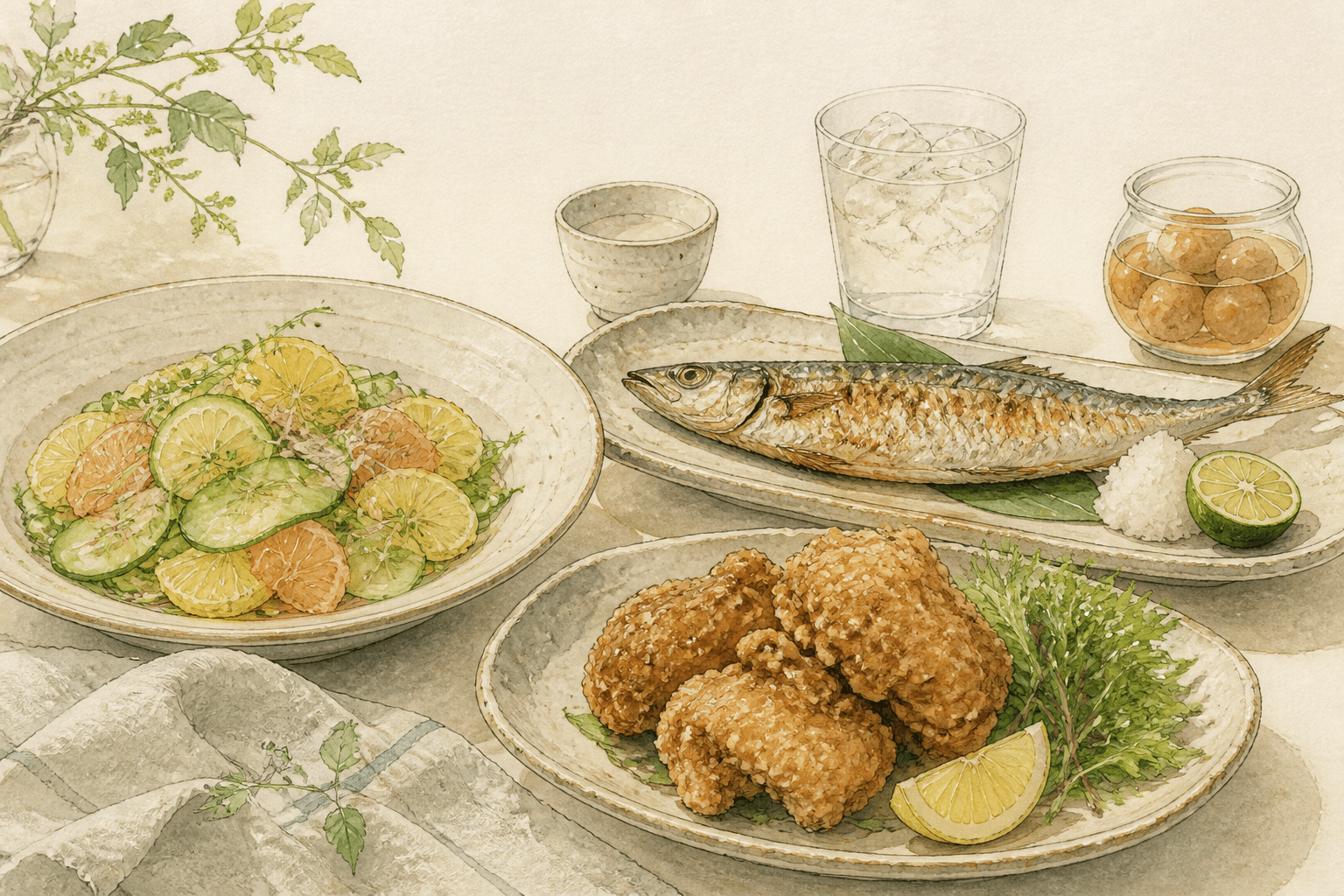 Watercolour illustration of pairing dishes