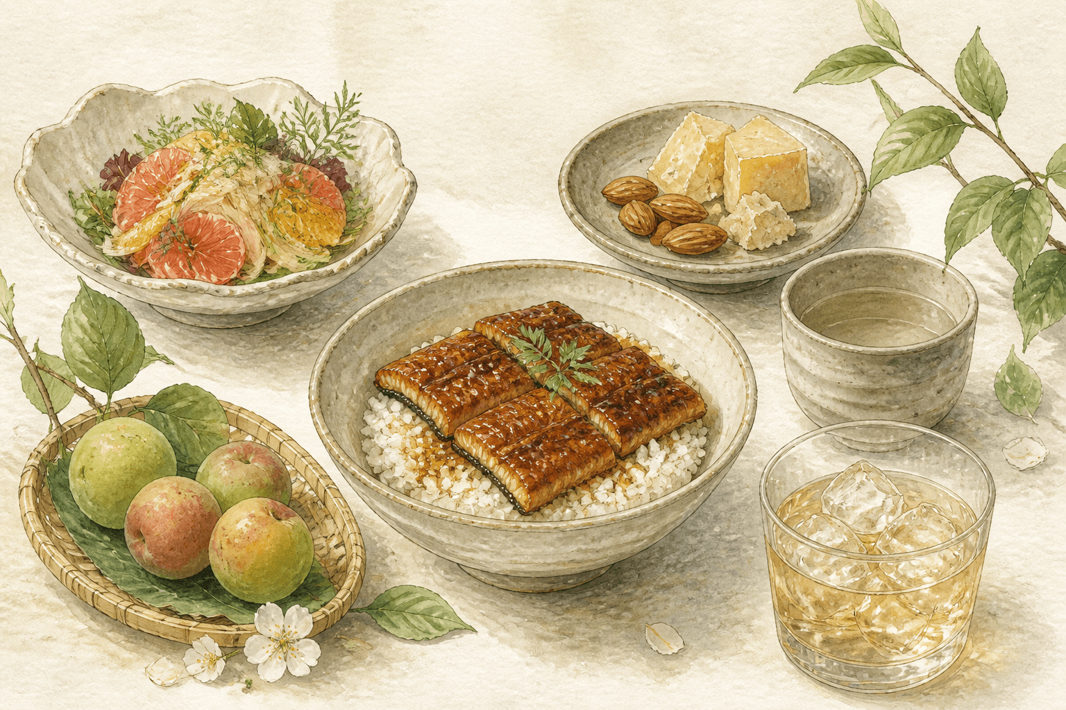 Watercolour illustration of pairing dishes