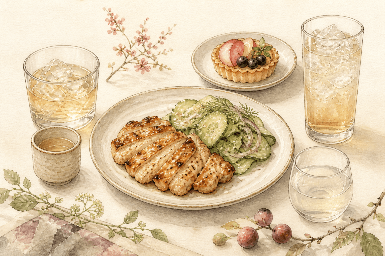 Watercolour illustration of pairing dishes