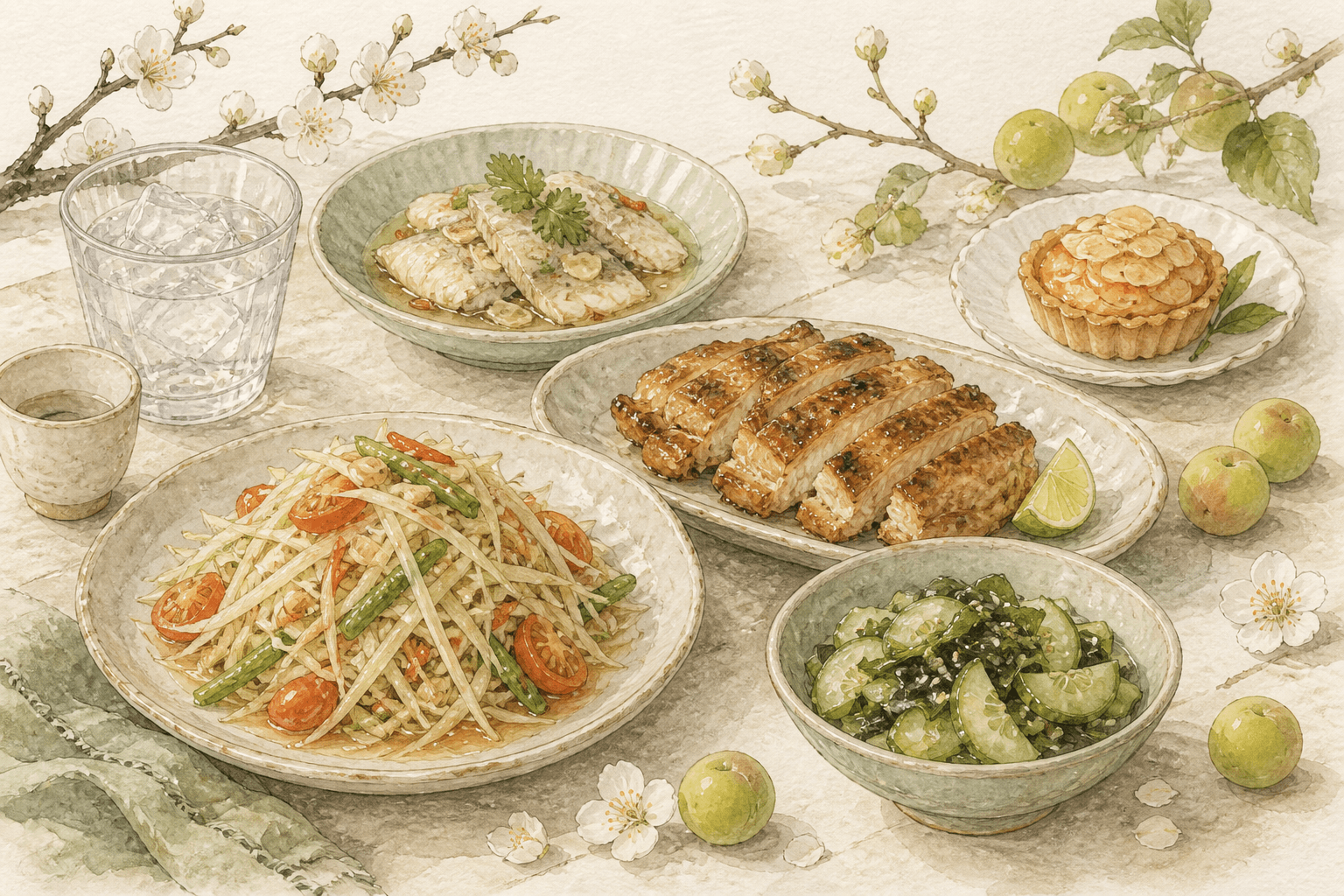 Watercolour illustration of pairing dishes