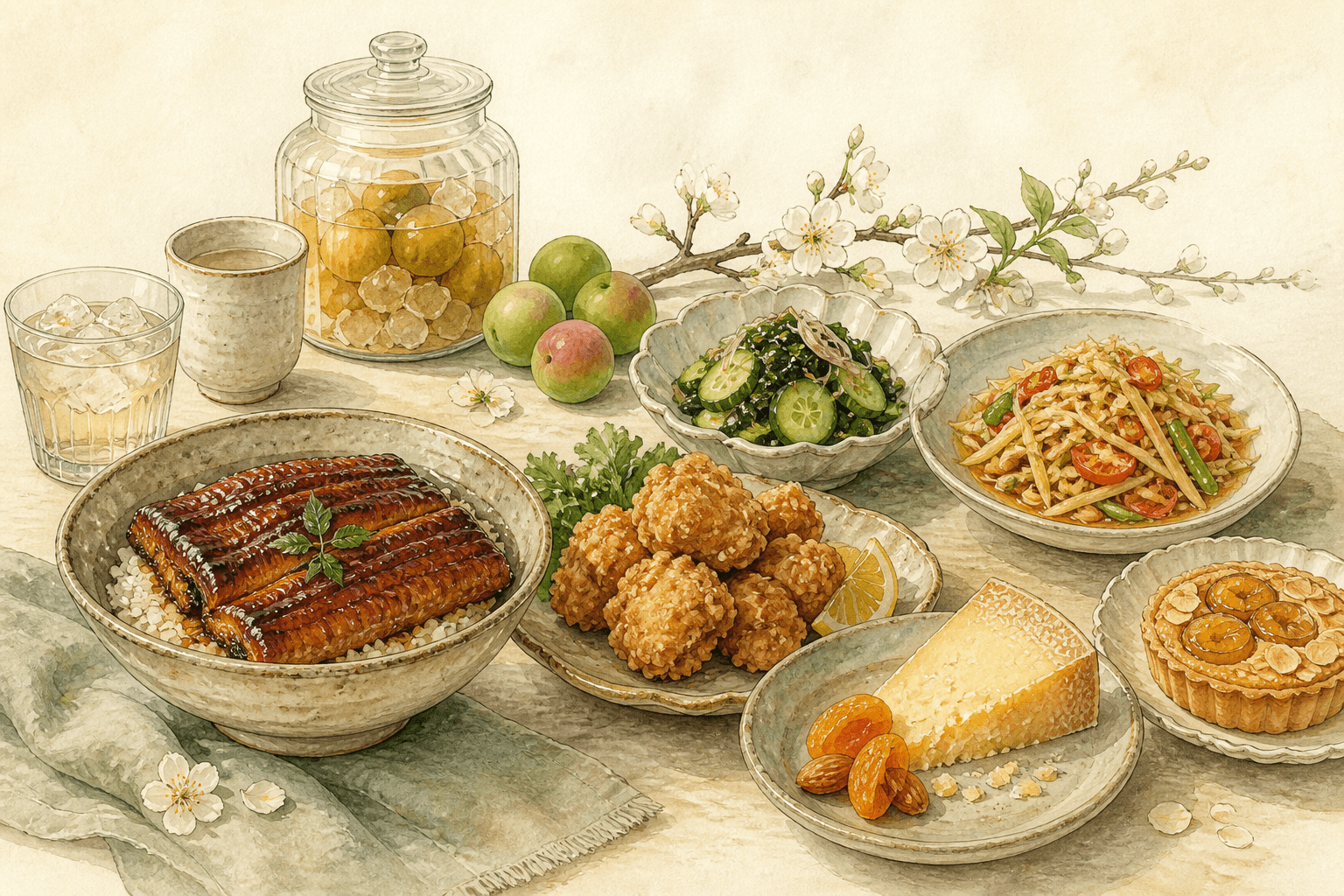 Watercolour illustration of dishes for umeshu pairing