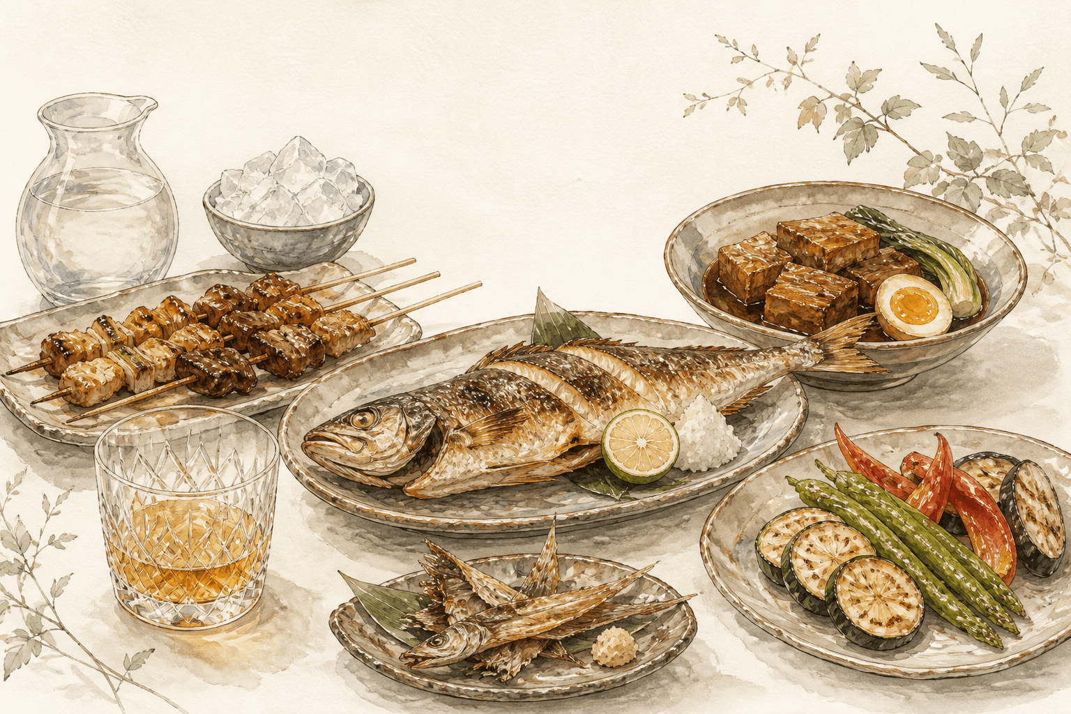 Watercolour illustration of pairing dishes