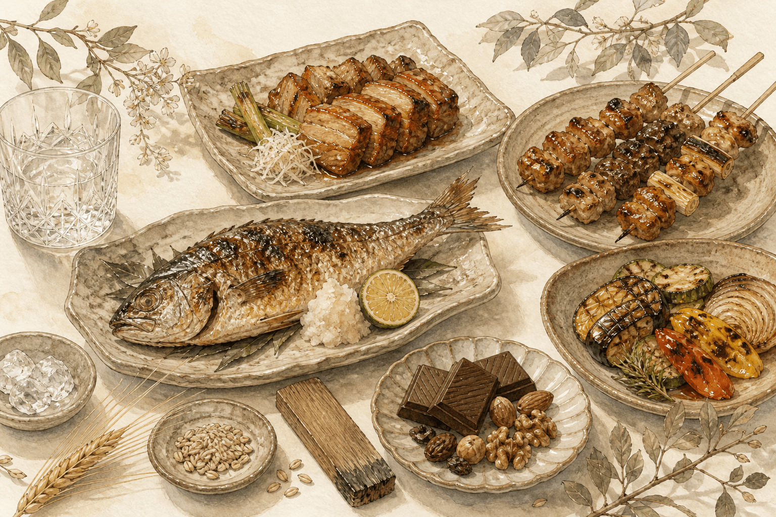 Watercolour illustration of pairing dishes
