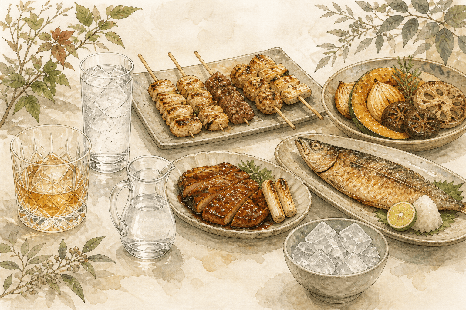 Watercolour illustration of pairing dishes