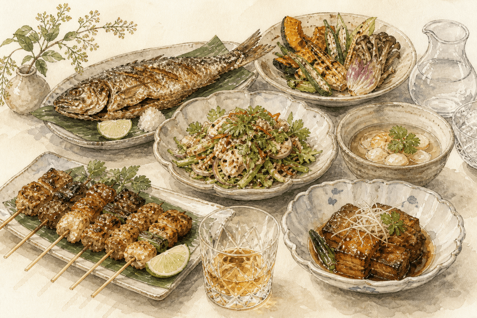 Watercolour illustration of pairing dishes