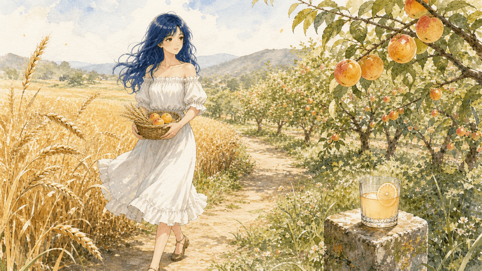 Watercolor landscape of the Bacchus Global guide character walking between a golden barley field and a ripe nanko plum orchard, with an ice-free Whisky Sour on a stone marker