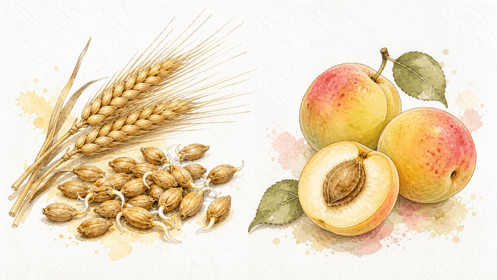 Watercolor botanical study of barley ears, germinated malt grains, and fully ripened nanko plums including one cut half