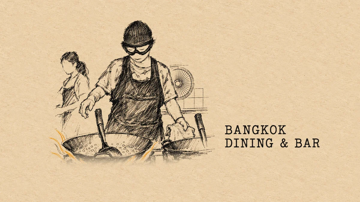 Hand-drawn illustration of a cook in a Bangkok kitchen