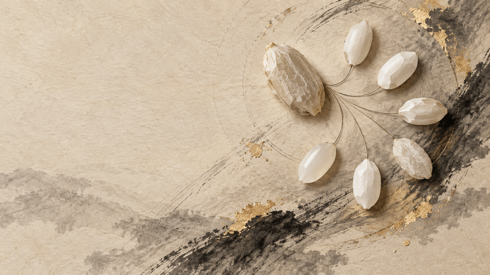 Charcoal and gold-leaf artwork in which one rice grain branches into six distinct rice forms on warm washi paper.