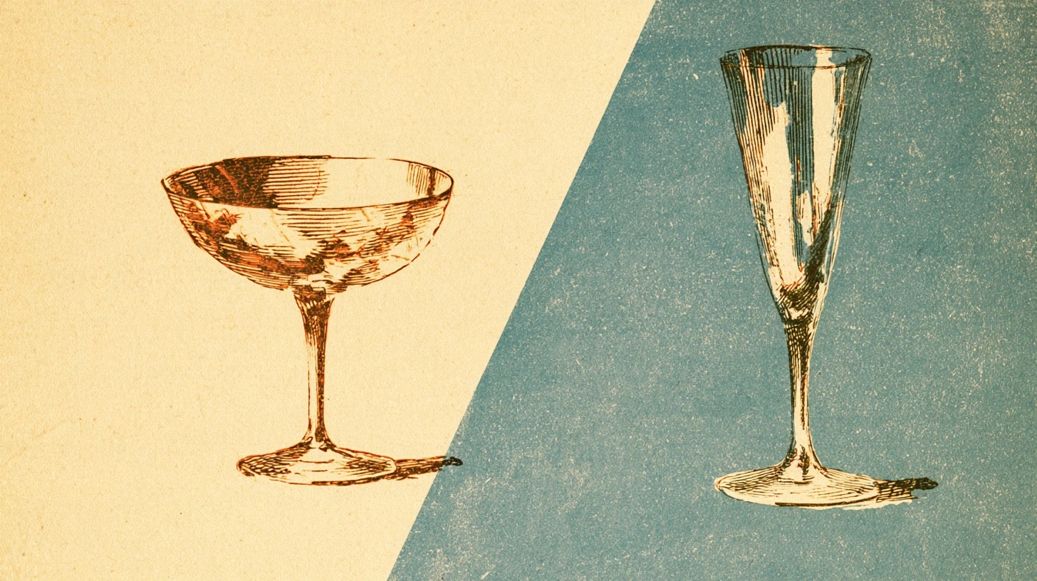 Vintage engraving-style illustration of two empty champagne glasses side by side, a shallow wide-bowled coupe on a cream ground at left and a tall narrow flute on a blue ground at right, divided by a diagonal boundary