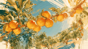 Painterly illustration of golden-yellow ume fruit on a leafy branch, with rows of orchard trees and blue sky behind it