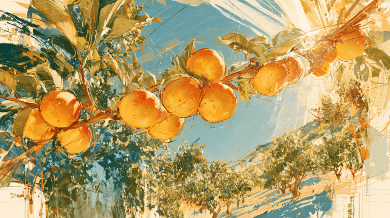 Painterly illustration of golden-yellow ume fruit in a Wakayama orchard