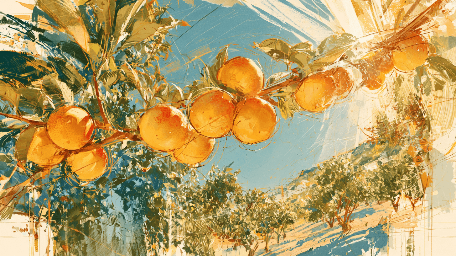 Painterly illustration of golden-yellow ume fruit on a leafy branch, with rows of orchard trees and blue sky behind it