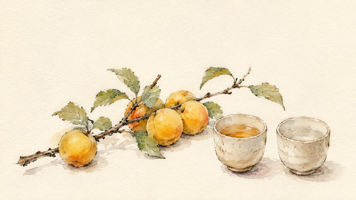 A watercolour illustration of a tree-ripened Nanko ume branch beside two small cups, one amber and one clear
