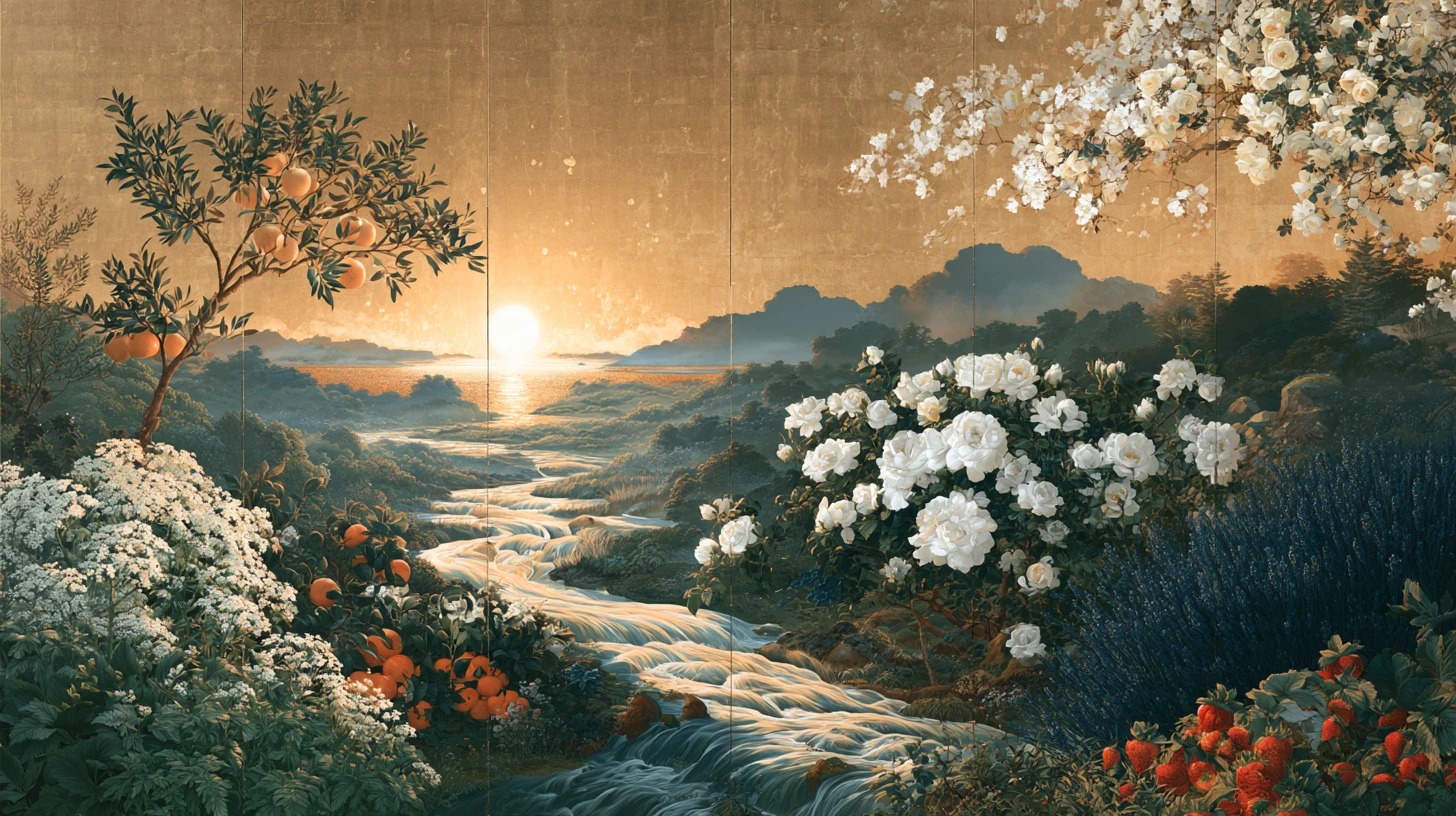 Rinpa-style folding screen painting on gold leaf: a citrus tree, white blossoms, white roses, lavender and strawberries along a winding stream under a low sun