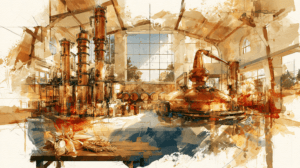 Painterly illustration of corn, cereal grain, column stills, a kettle-shaped still and wooden casks