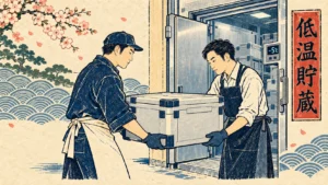 Modern ukiyo-e illustration of workers transferring an insulated sake crate beside a −5°C cold room