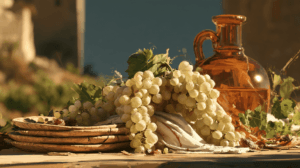 Editorial painting of pale green grape clusters, wooden trays and an amber vessel in warm light