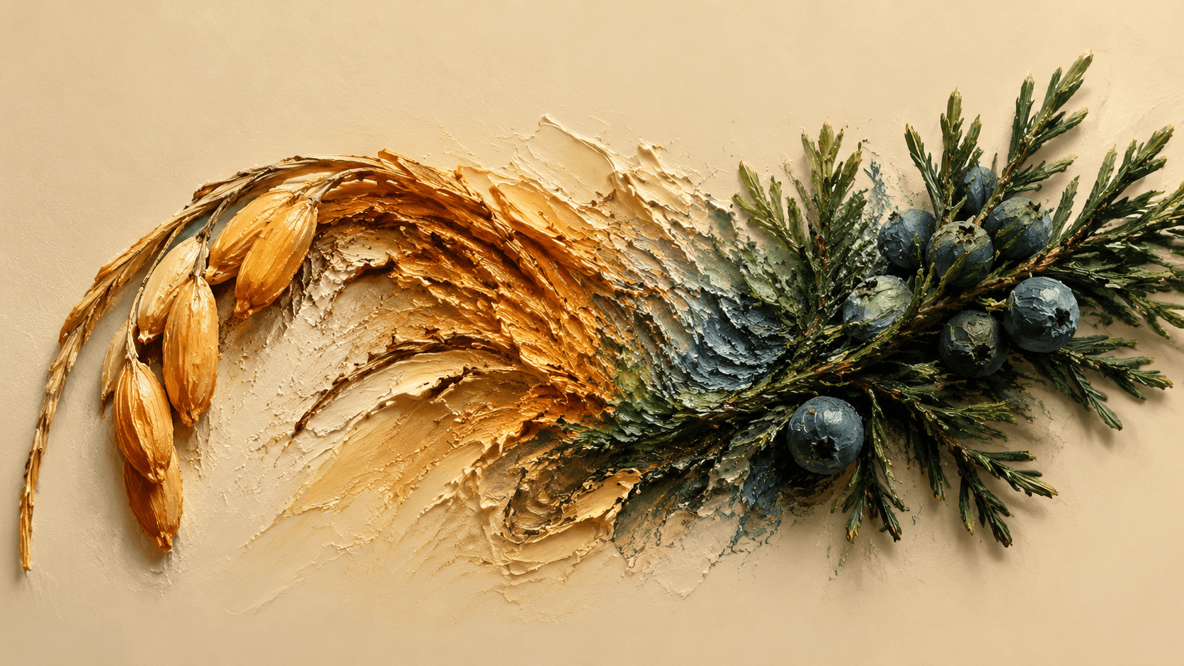 An impasto oil painting of rice ears and a juniper sprig with berries