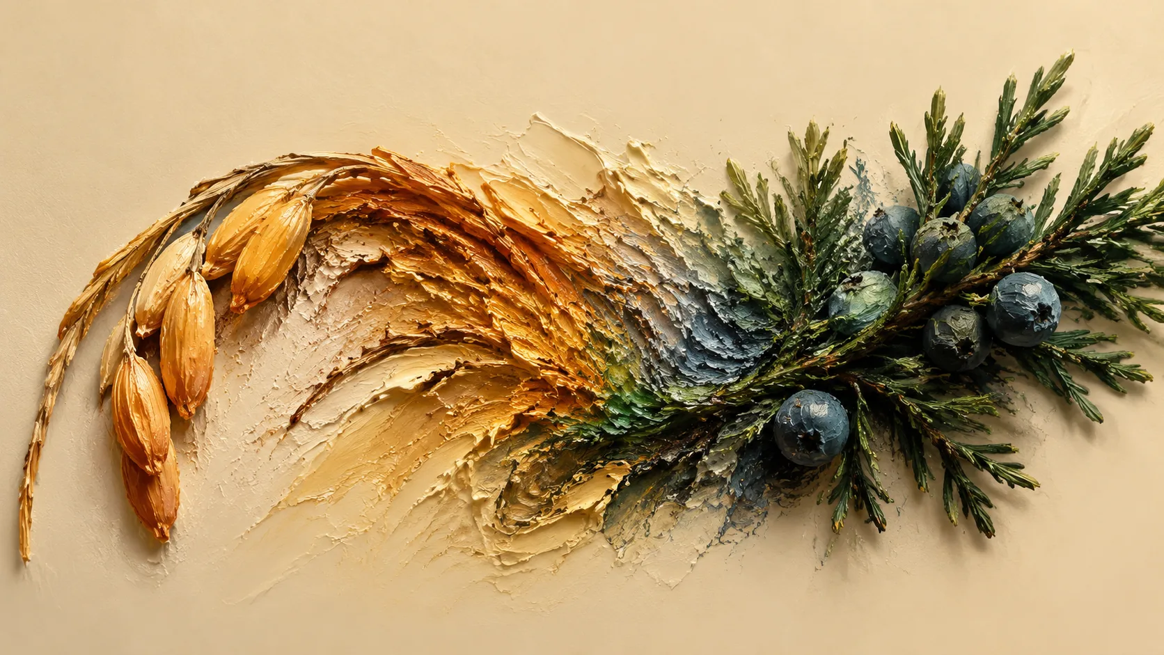 An impasto oil painting of rice ears and a juniper sprig with berries
