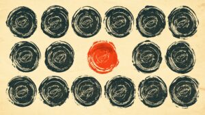 Flat graphic illustration of eighteen identical dark wax-seal emblems arranged in even rows, with one seal near the center rendered in bright vermilion, symbolizing the annual renewal of an official approval