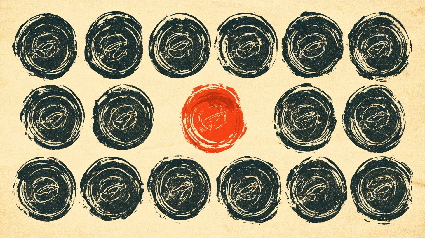 Flat graphic illustration of eighteen identical dark wax-seal emblems arranged in even rows, with one seal near the center rendered in bright vermilion, symbolizing the annual renewal of an official approval