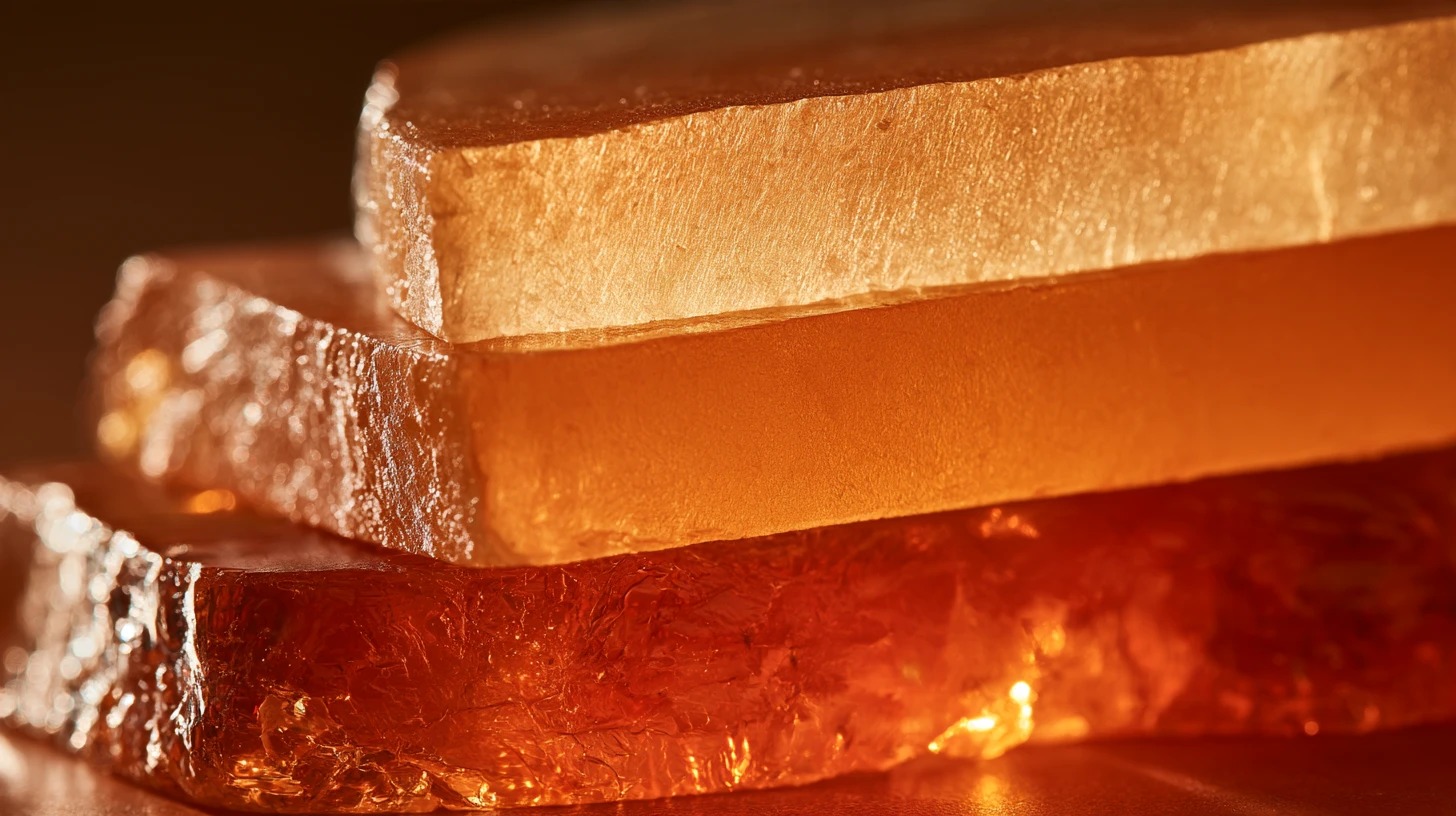 Close-up of three stacked translucent slabs lit from within, pale gold at the top deepening to rich amber at the bottom, against a dark background