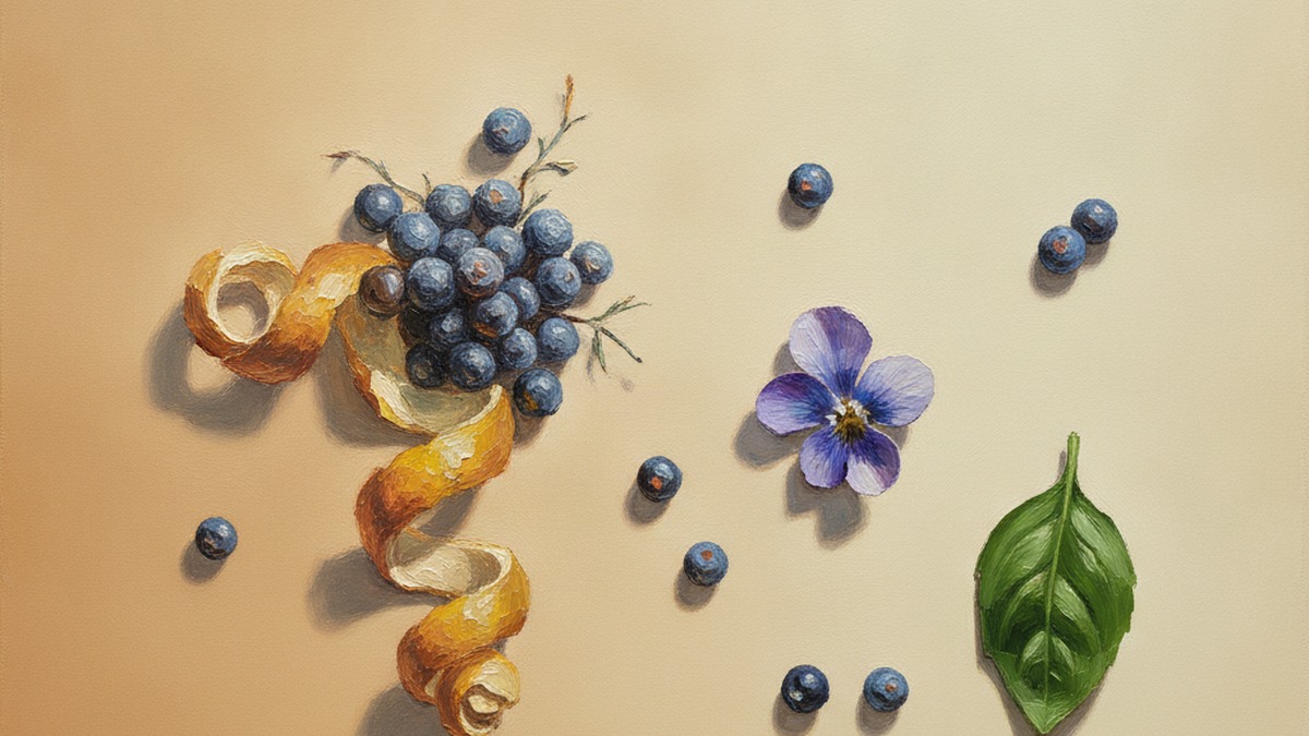 An impasto oil painting of a coiled lemon peel with juniper berries fused together, and a violet and basil leaf placed apart