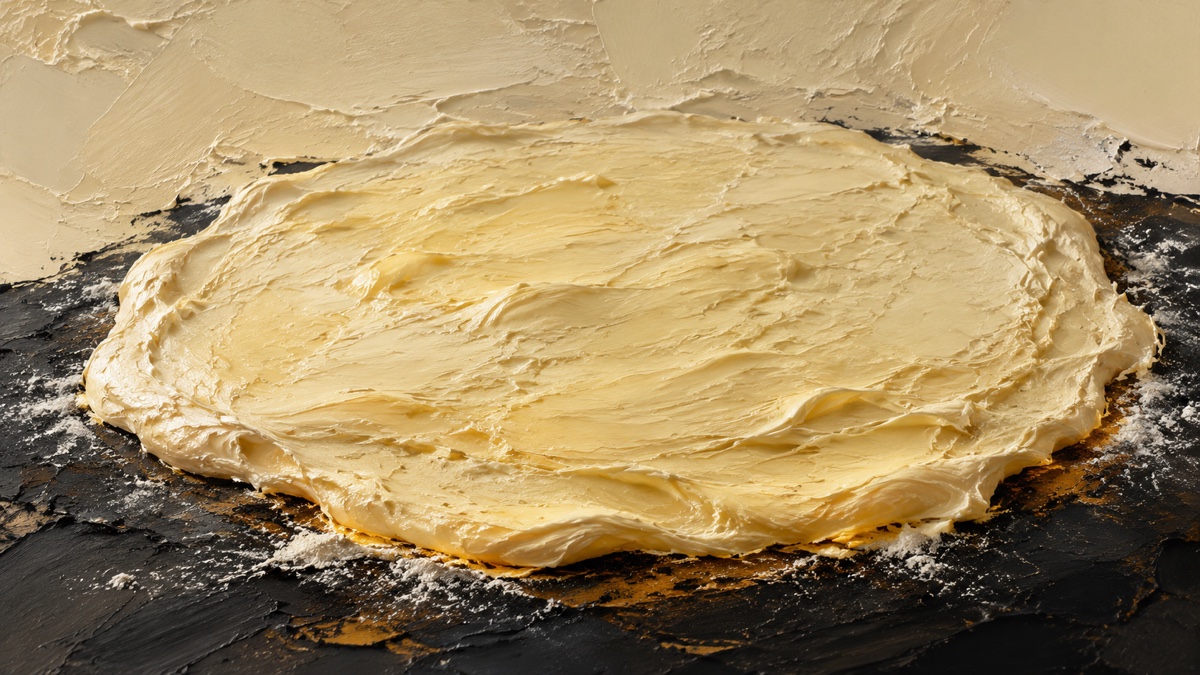 An impasto oil painting of a round disc of dough spread across a dark stone surface
