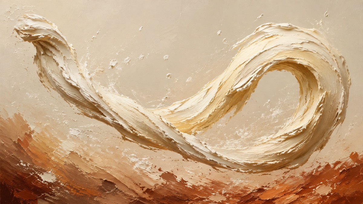 An impasto oil painting of hand-pulled noodle strands in a cloud of flour