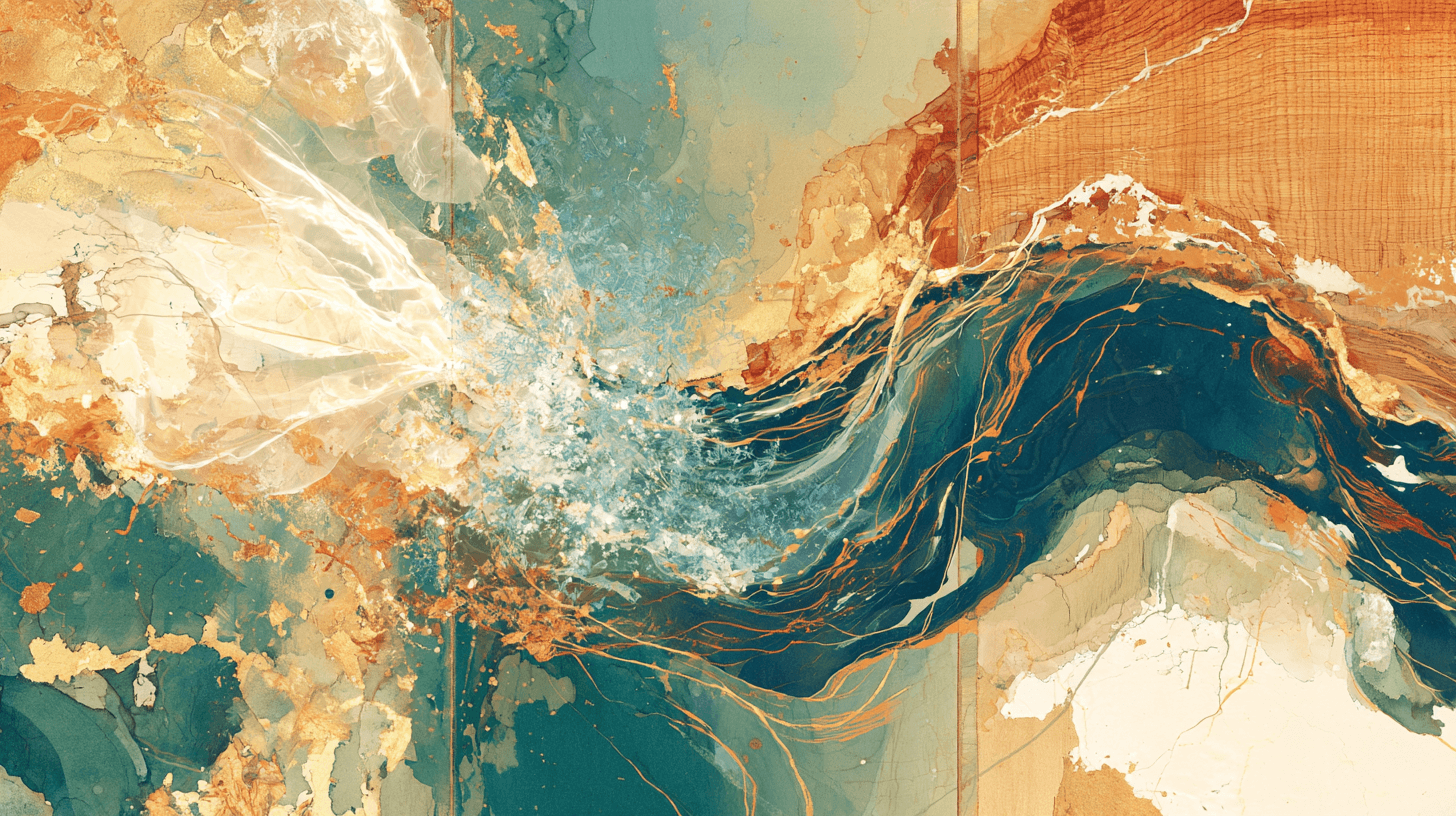 Abstract painting with flowing teal, cream and gold layers, translucent light and warm wood-grain textures.