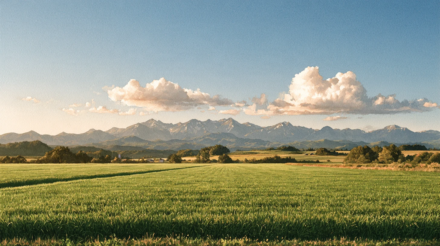 Watercolor landscape of rice fields and distant mountains beneath a blue sky