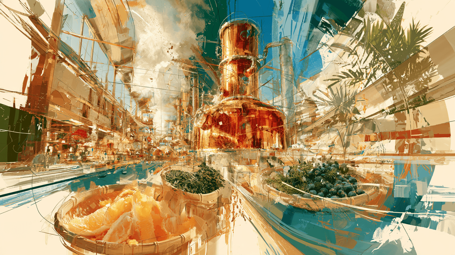 Editorial painting of a copper still with citrus, herbs and juniper in a Japanese distillery
