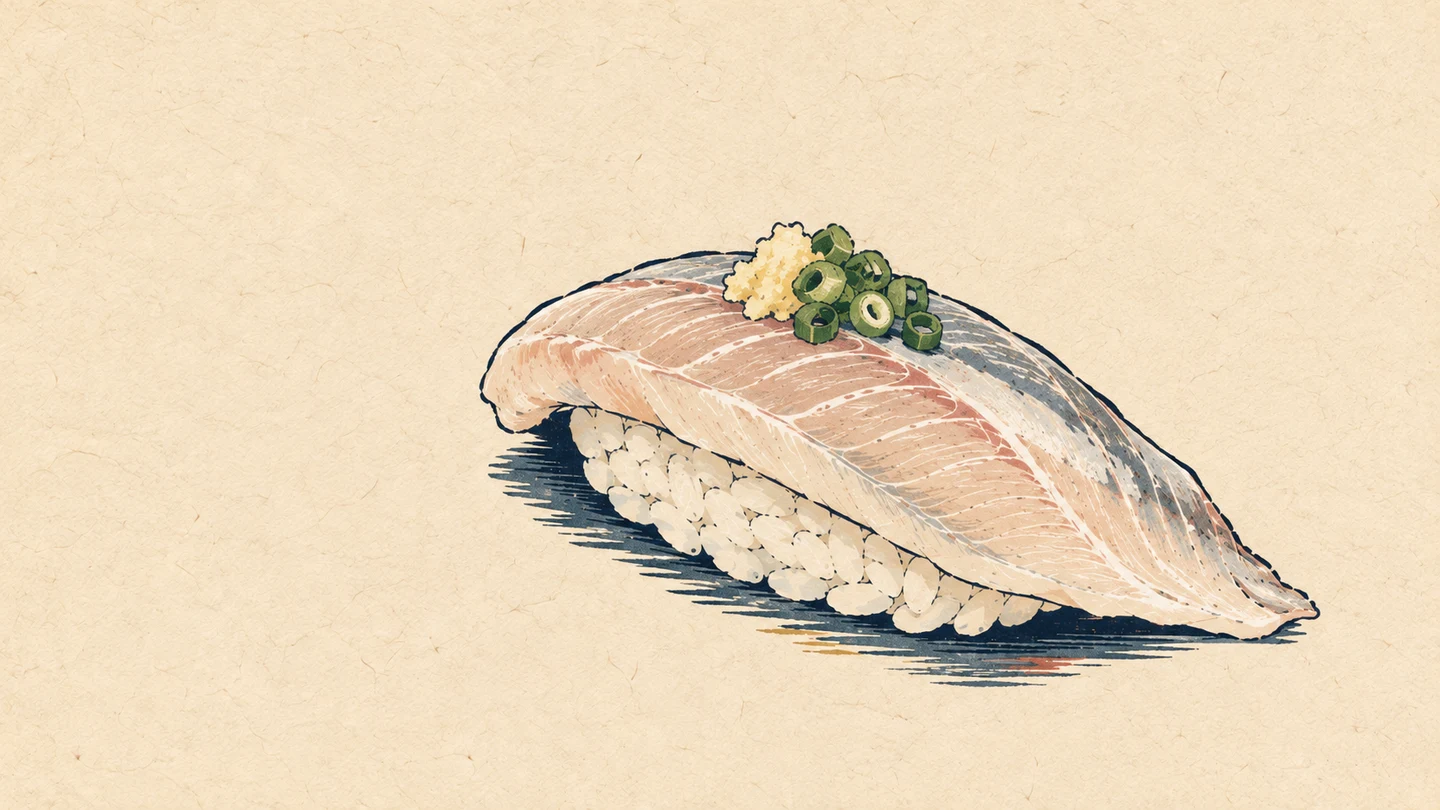 Woodblock-style illustration of horse mackerel nigiri topped with ginger and chopped spring onion