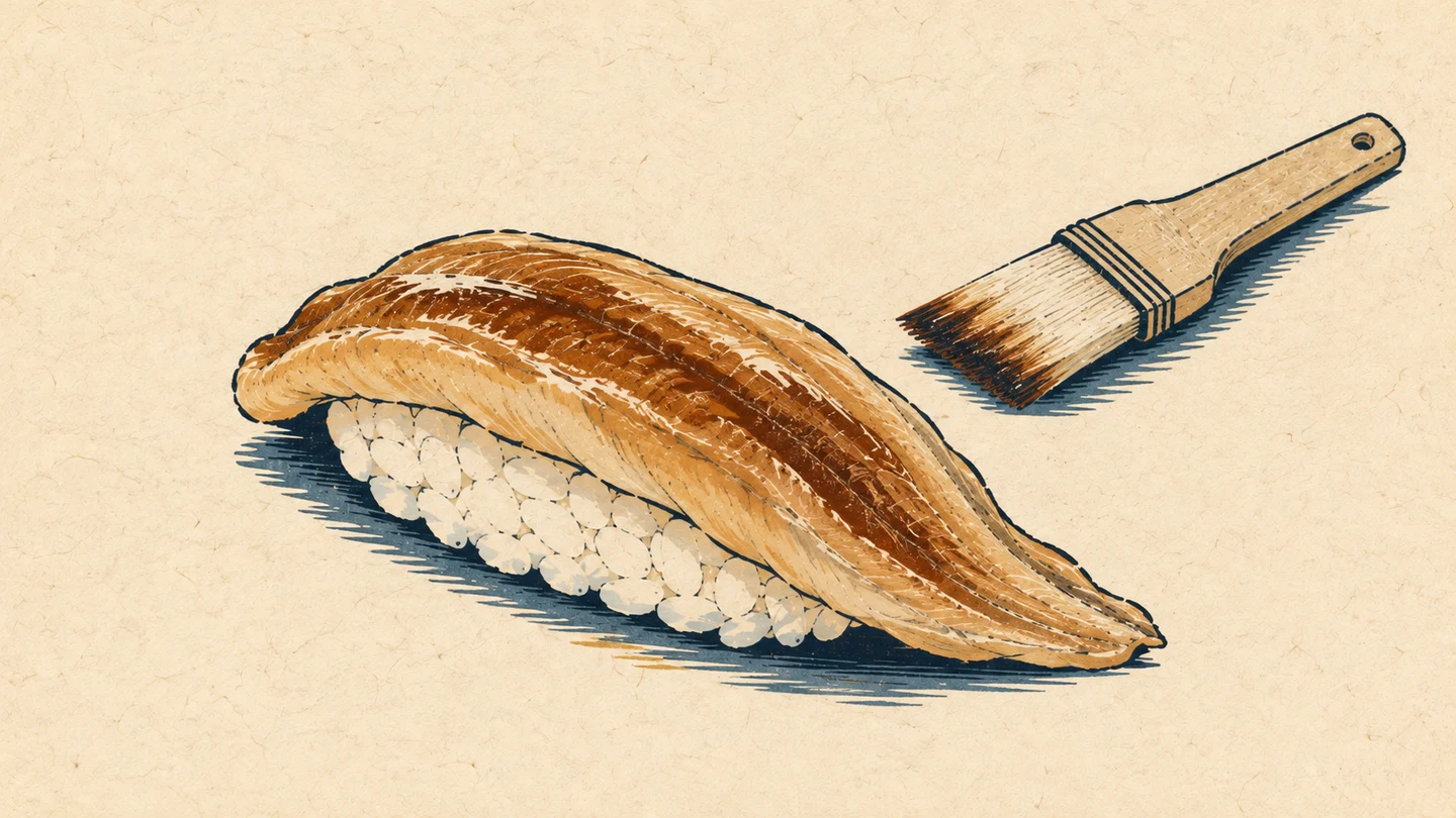 Woodblock-style illustration of simmered conger eel nigiri with a light brushing of sauce and a culinary brush