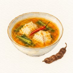 A watercolor illustration of a bowl of southern Thai sour curry
