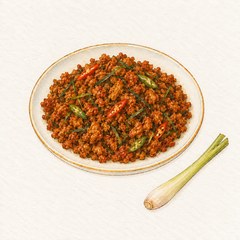 A watercolor illustration of a plate of khua kling dry-fried pork