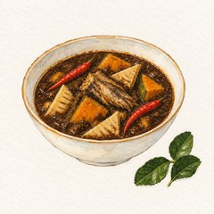 A watercolor illustration of a bowl of gaeng tai pla