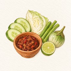 A watercolor illustration of nam prik kapi with raw vegetables