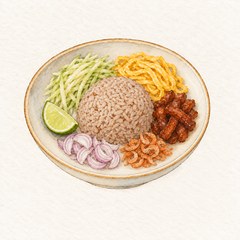 A watercolor illustration of a plate of khao kluk kapi