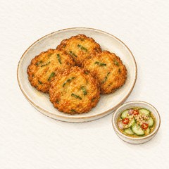 A watercolor illustration of Thai fish cakes with cucumber relish