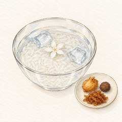 A watercolor illustration of khao chae with its side dishes