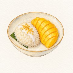 A watercolor illustration of mango sticky rice