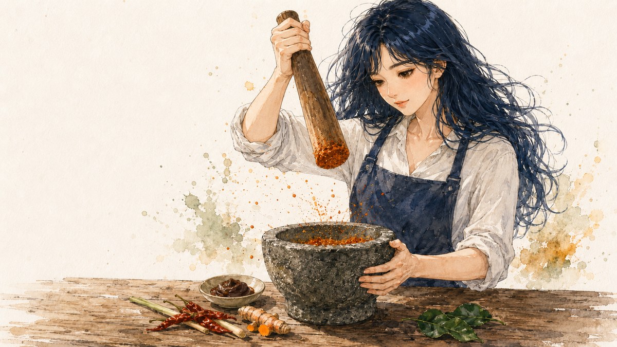 A watercolor and ink illustration of a woman pounding curry paste in a Thai granite mortar, with dried chilies, turmeric, lemongrass and kaffir lime leaves on the table