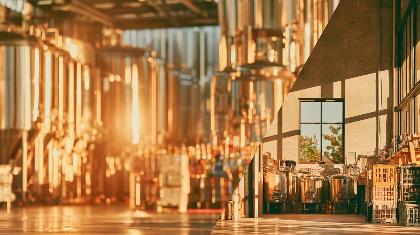 Split image divided by a diagonal boundary: on the left, a long row of tall stainless steel fermentation tanks in a large production hall lit by warm low sunlight; on the right, a compact craft brewing room with several small stainless tanks, a window and stacked crates